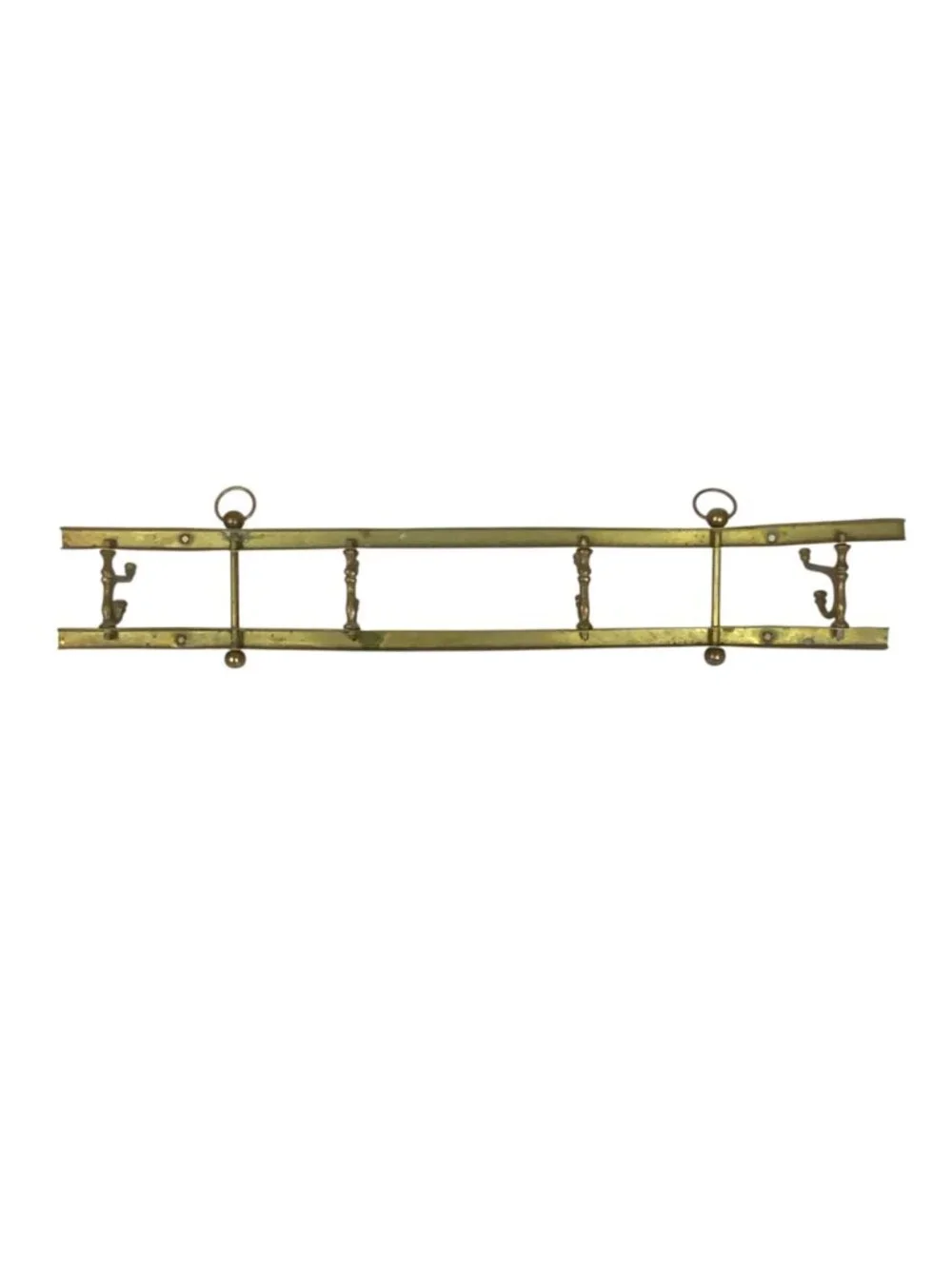 Vintage Brass Wall-Mounted Coat & Hat Rack With Ornate Hooks And Ring Details